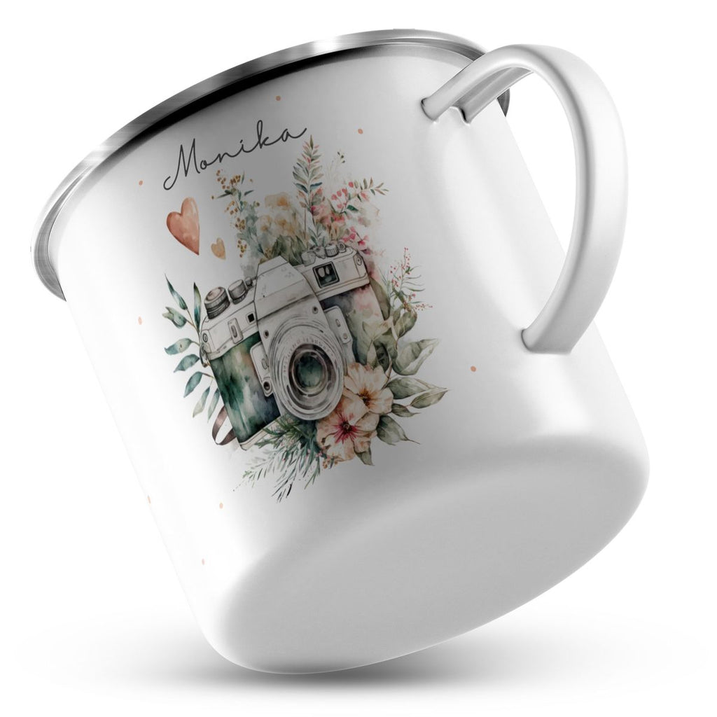 Emaille Tasse Kamera mit Blumen mit Wunschname - von Mikalino