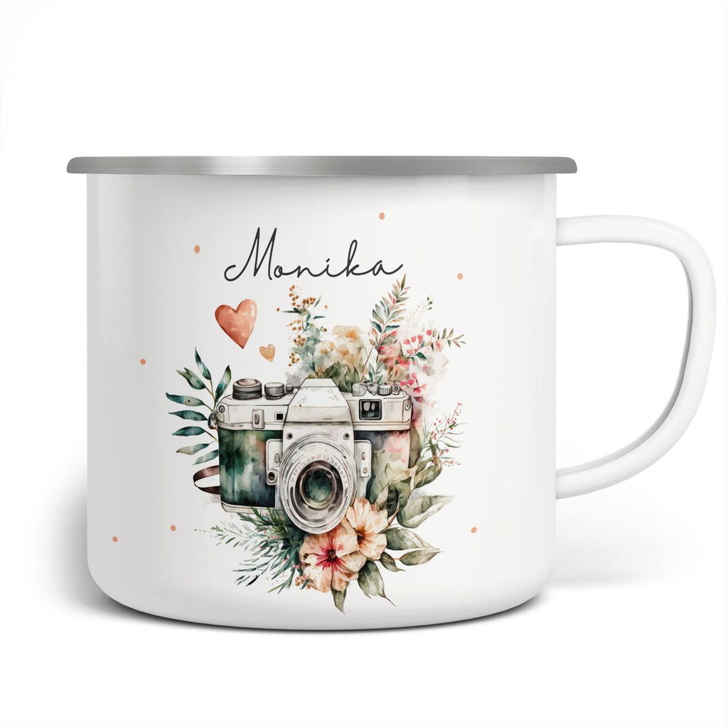 Emaille Tasse Kamera mit Blumen mit Wunschname - von Mikalino