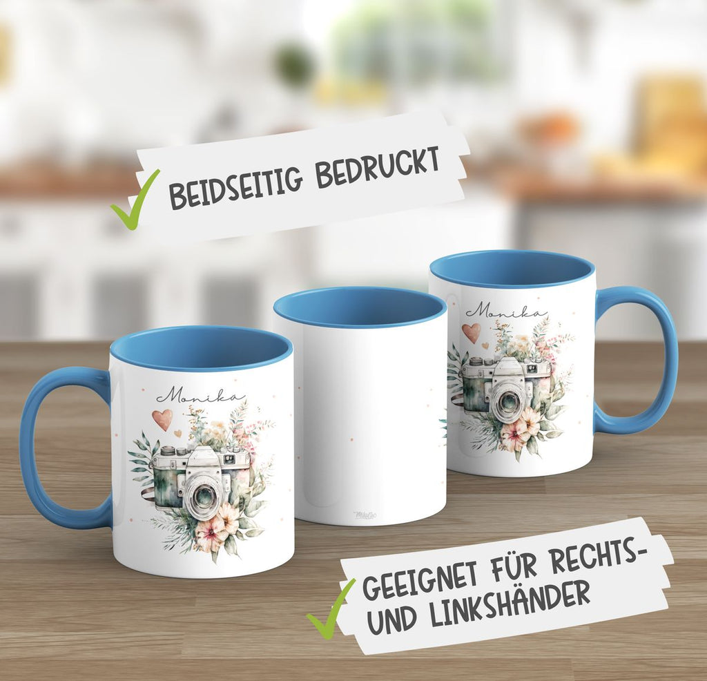 Keramik Tasse Kamera mit Blumen mit Wunschname - von Mikalino