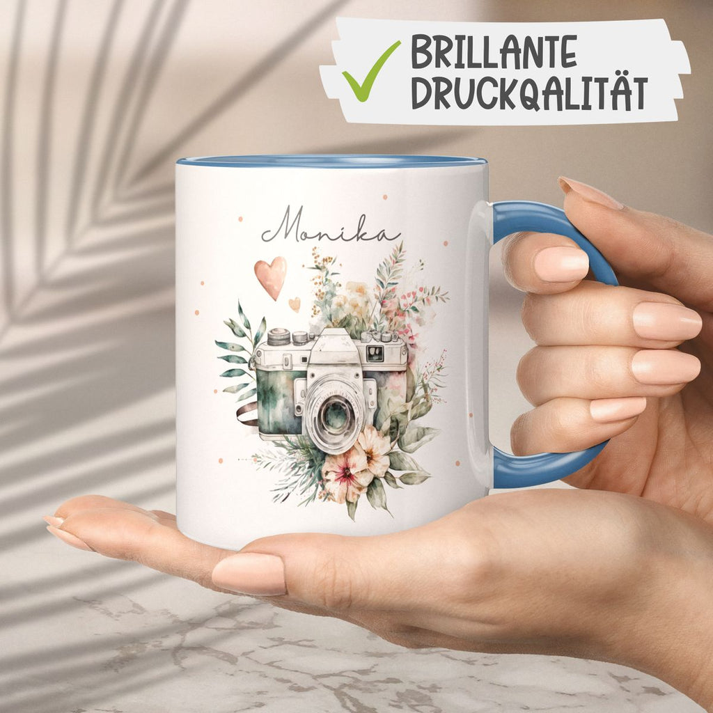 Keramik Tasse Kamera mit Blumen mit Wunschname - von Mikalino