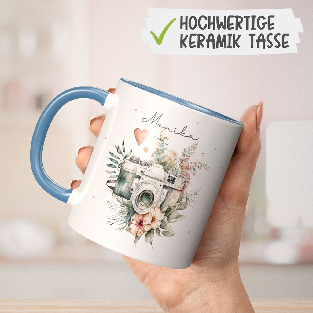 Keramik Tasse Kamera mit Blumen mit Wunschname - von Mikalino