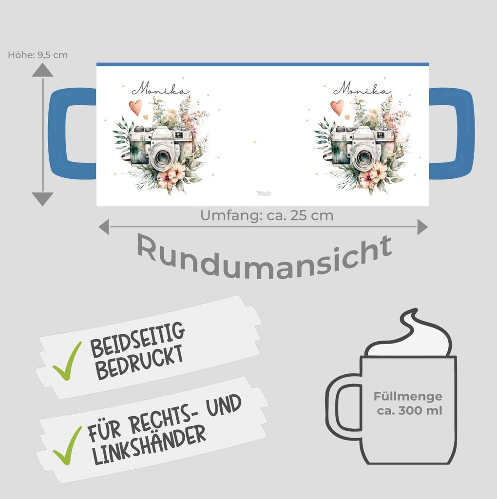 Keramik Tasse Kamera mit Blumen mit Wunschname - von Mikalino