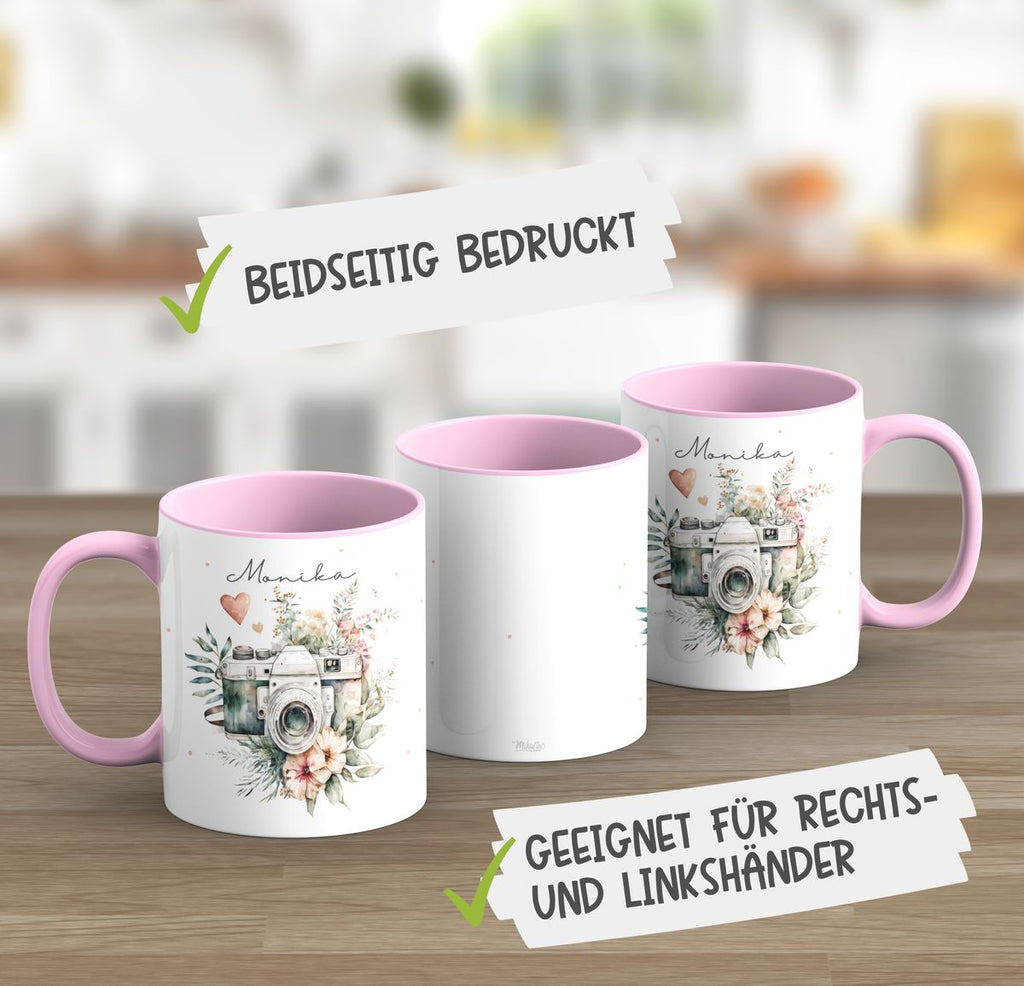 Keramik Tasse Kamera mit Blumen mit Wunschname - von Mikalino