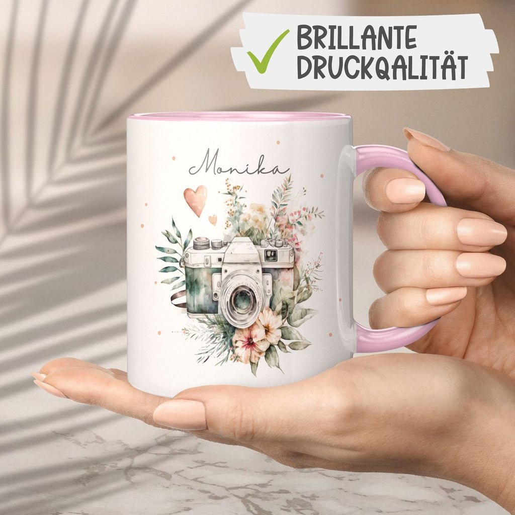 Keramik Tasse Kamera mit Blumen mit Wunschname - von Mikalino