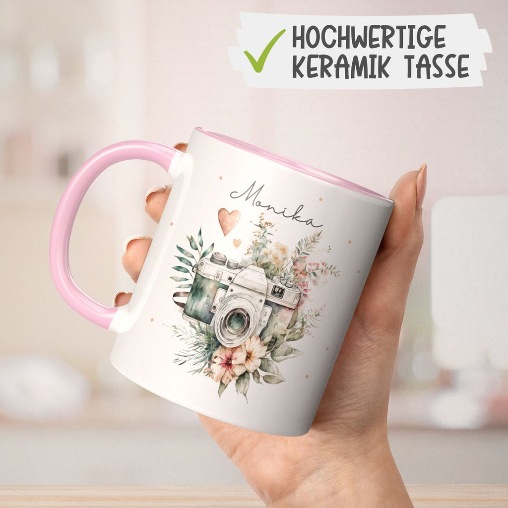 Keramik Tasse Kamera mit Blumen mit Wunschname - von Mikalino