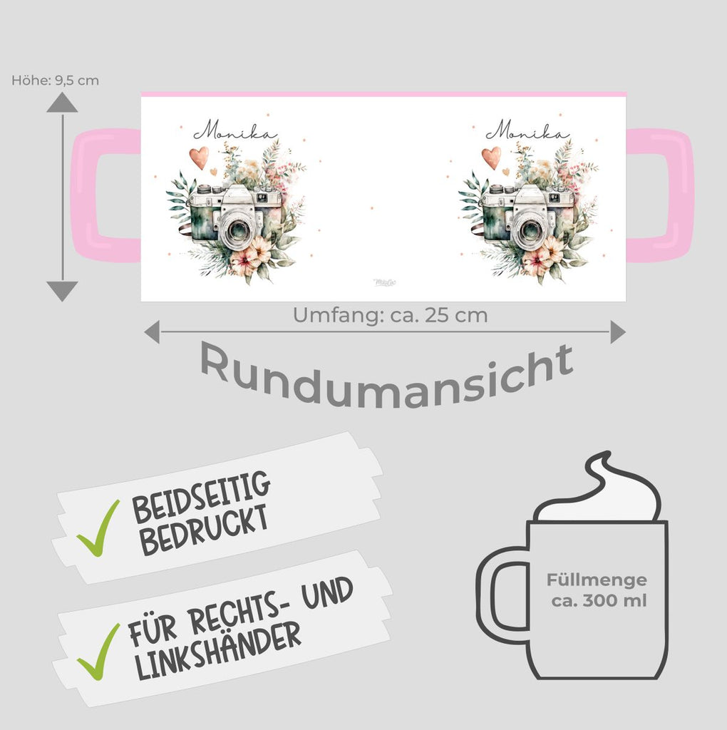 Keramik Tasse Kamera mit Blumen mit Wunschname - von Mikalino