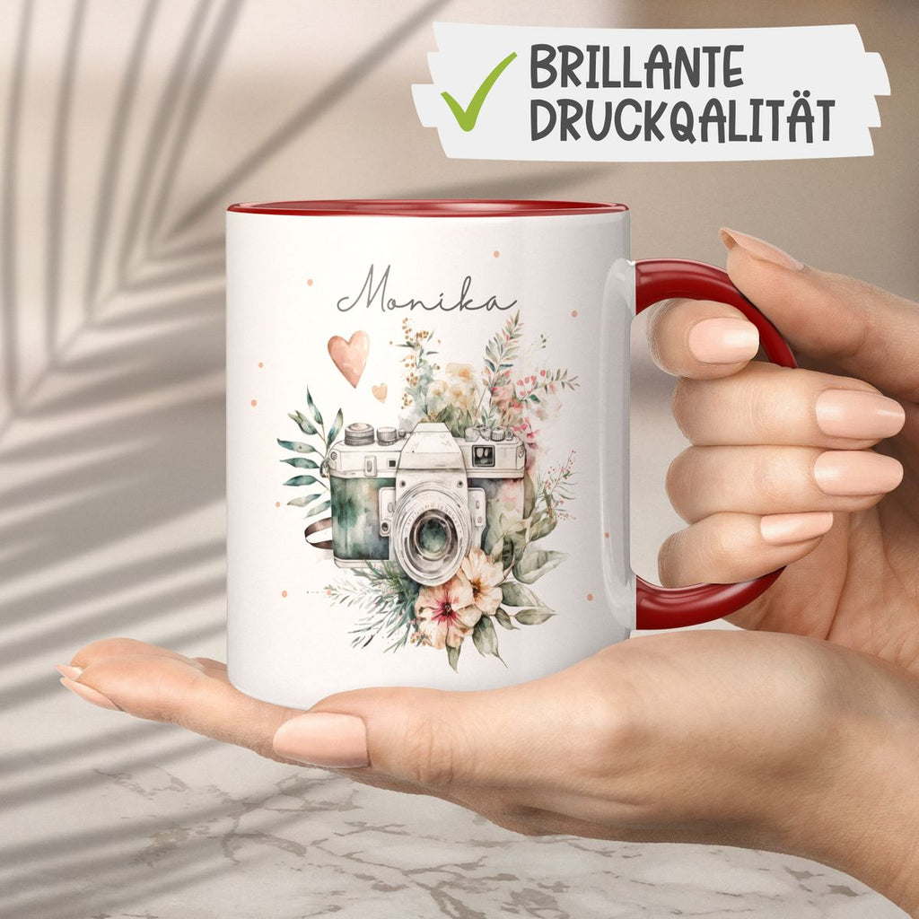 Keramik Tasse Kamera mit Blumen mit Wunschname - von Mikalino