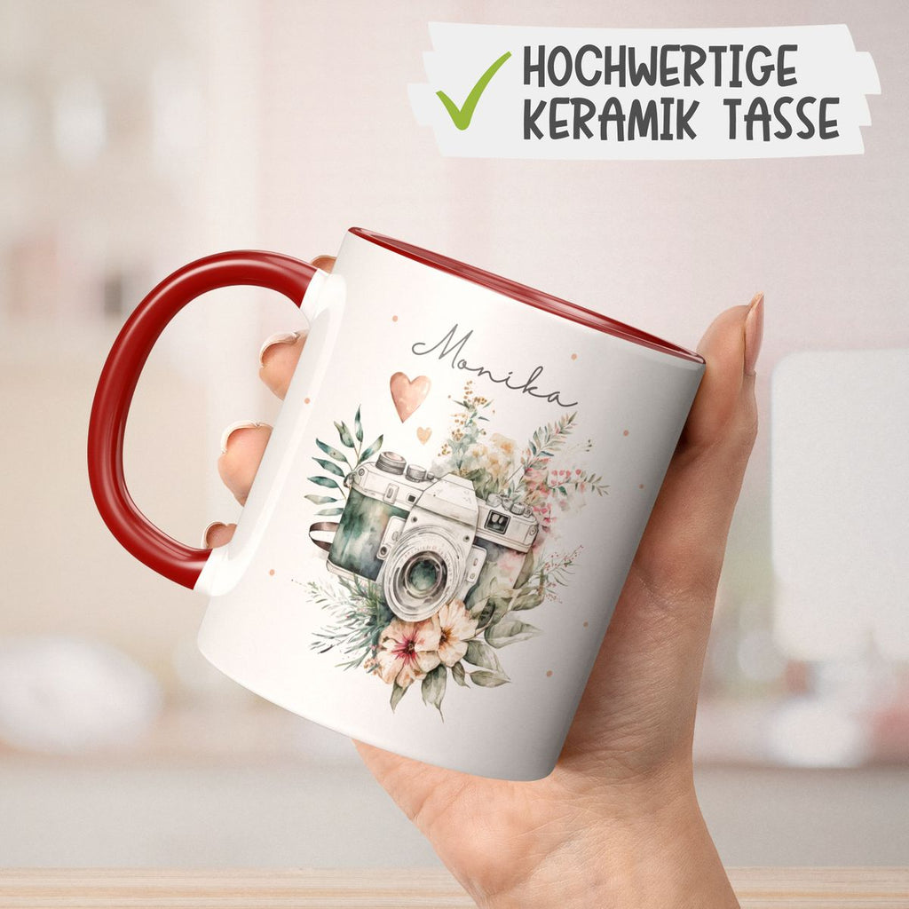 Keramik Tasse Kamera mit Blumen mit Wunschname - von Mikalino