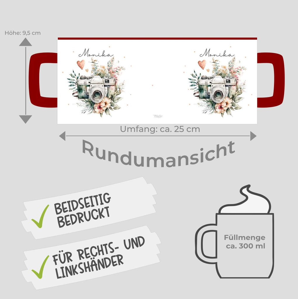 Keramik Tasse Kamera mit Blumen mit Wunschname - von Mikalino