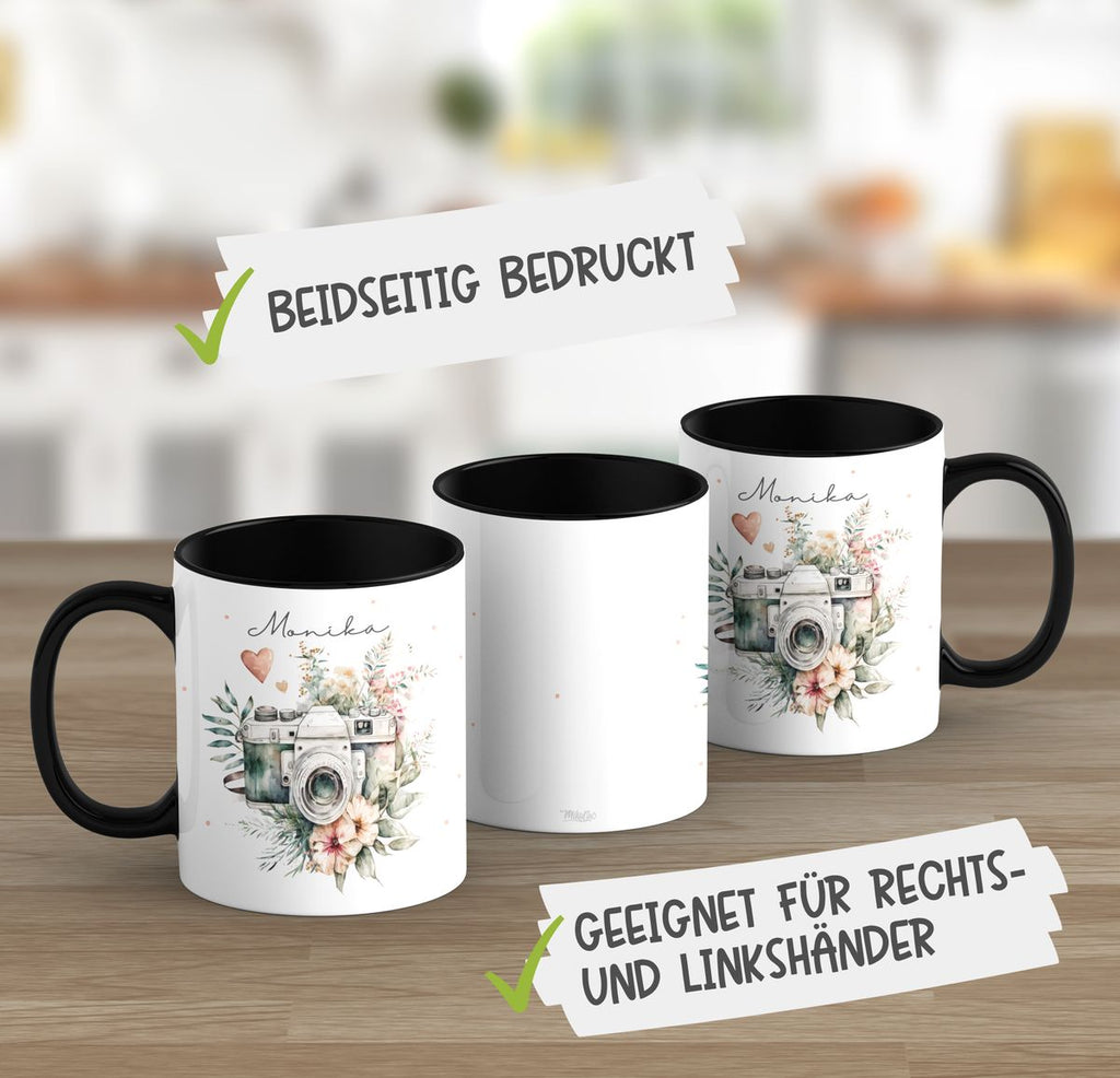 Keramik Tasse Kamera mit Blumen mit Wunschname - von Mikalino