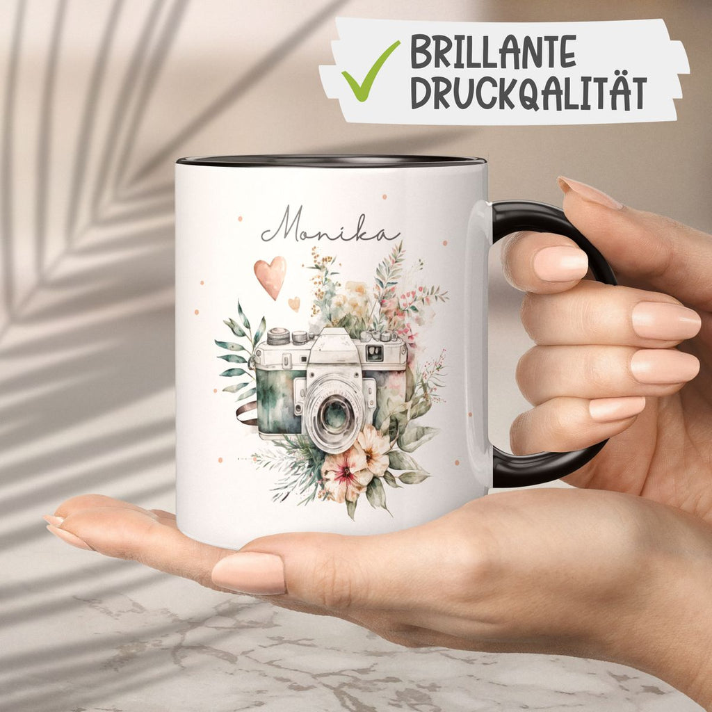 Keramik Tasse Kamera mit Blumen mit Wunschname - von Mikalino