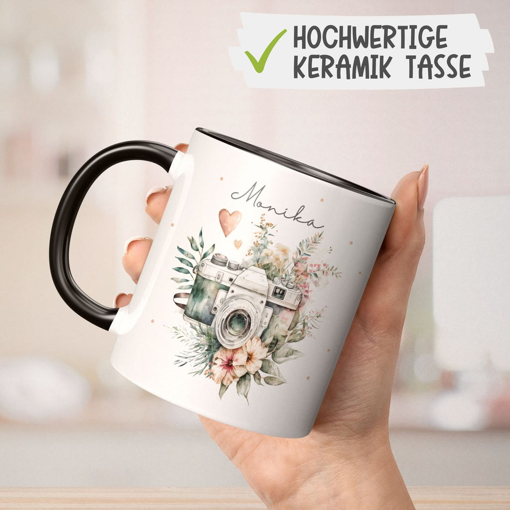 Keramik Tasse Kamera mit Blumen mit Wunschname - von Mikalino