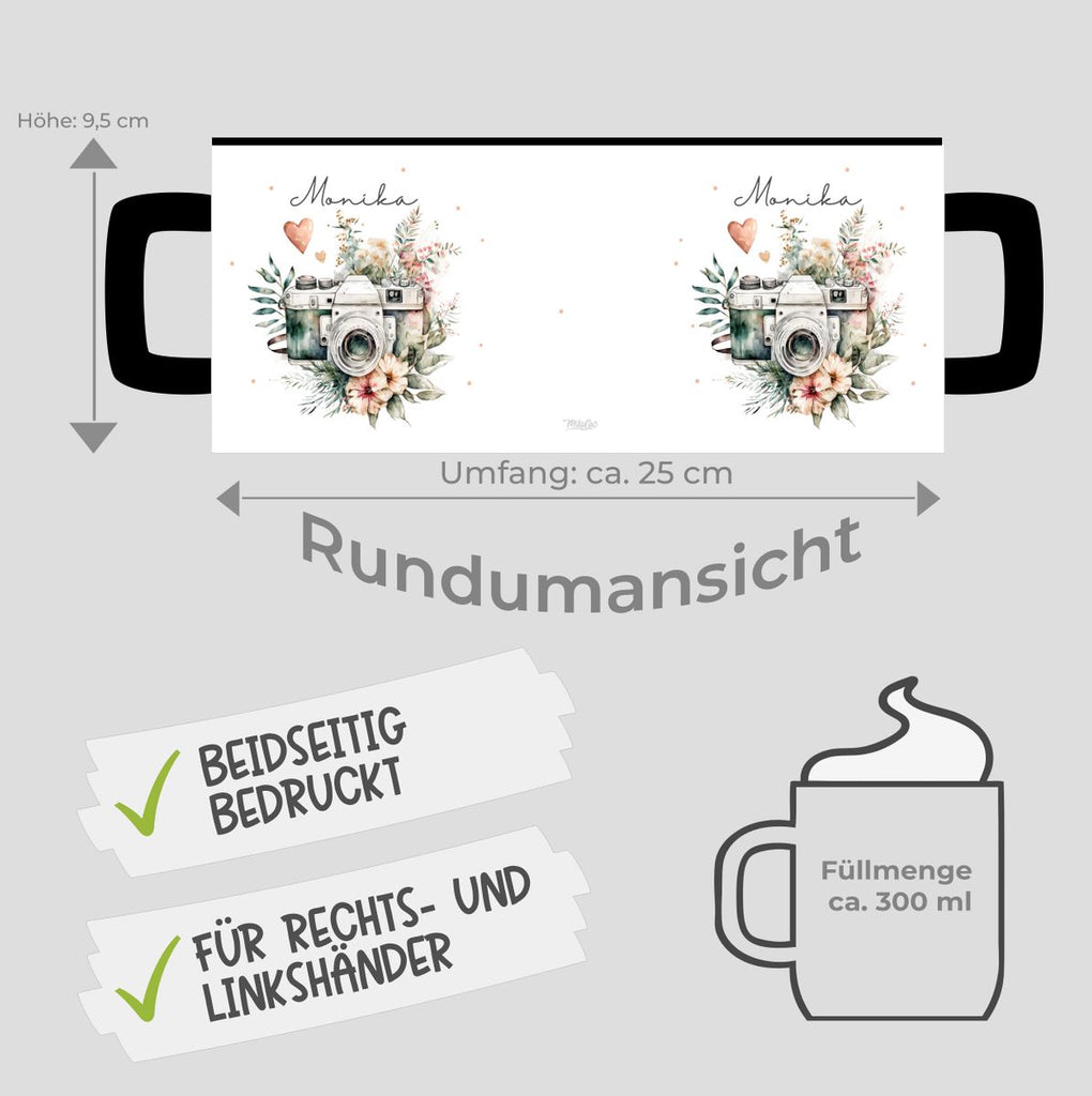 Keramik Tasse Kamera mit Blumen mit Wunschname - von Mikalino