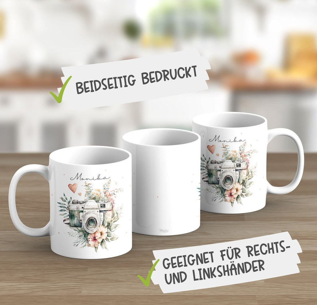 Keramik Tasse Kamera mit Blumen mit Wunschname - von Mikalino