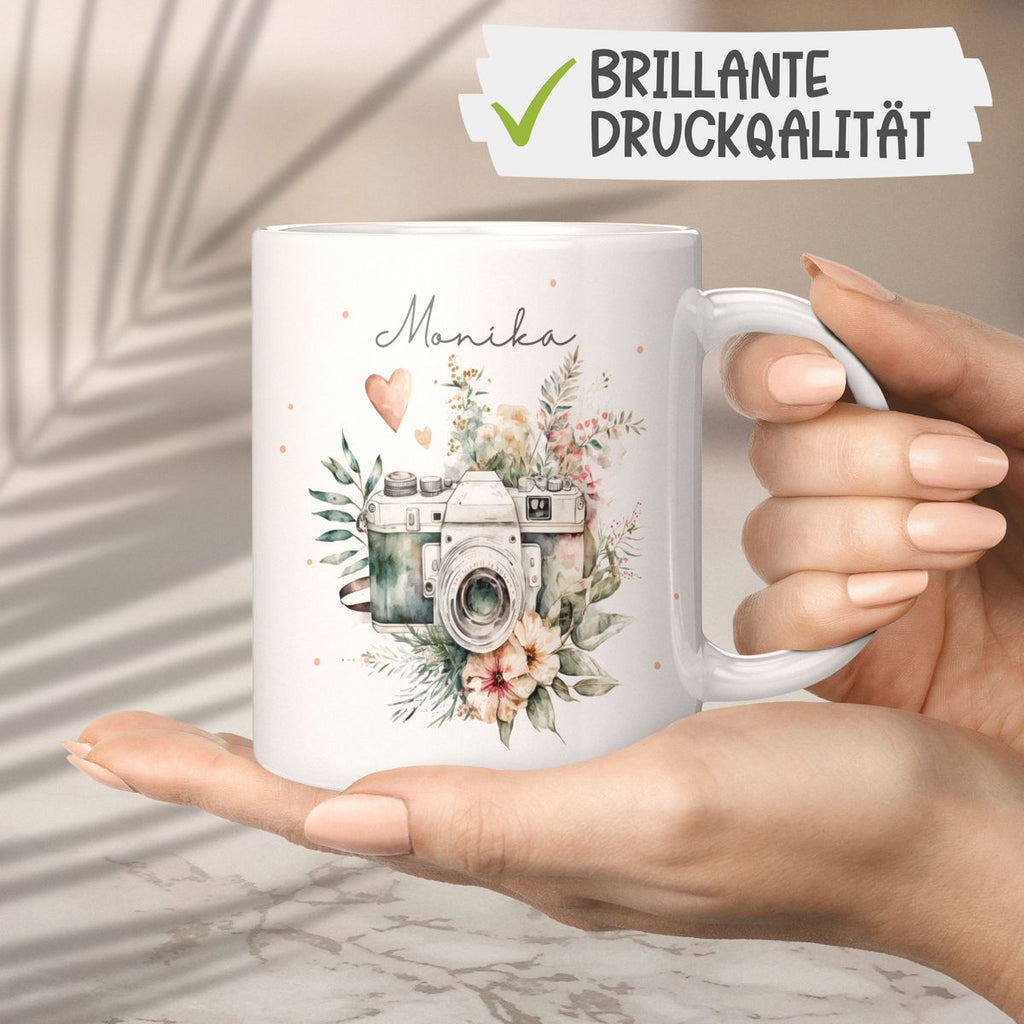 Keramik Tasse Kamera mit Blumen mit Wunschname - von Mikalino