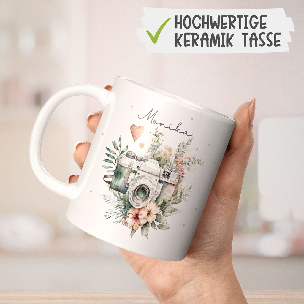 Keramik Tasse Kamera mit Blumen mit Wunschname - von Mikalino