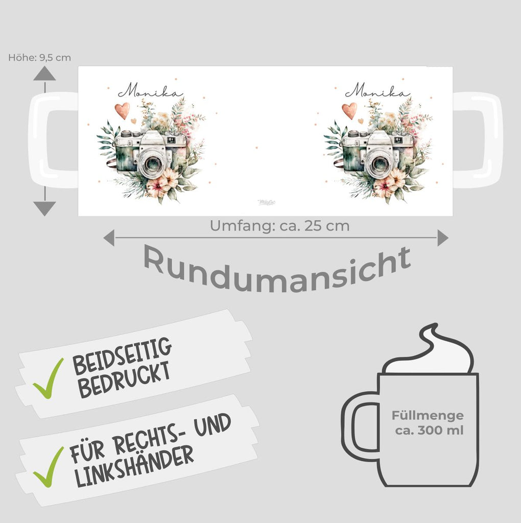 Keramik Tasse Kamera mit Blumen mit Wunschname - von Mikalino