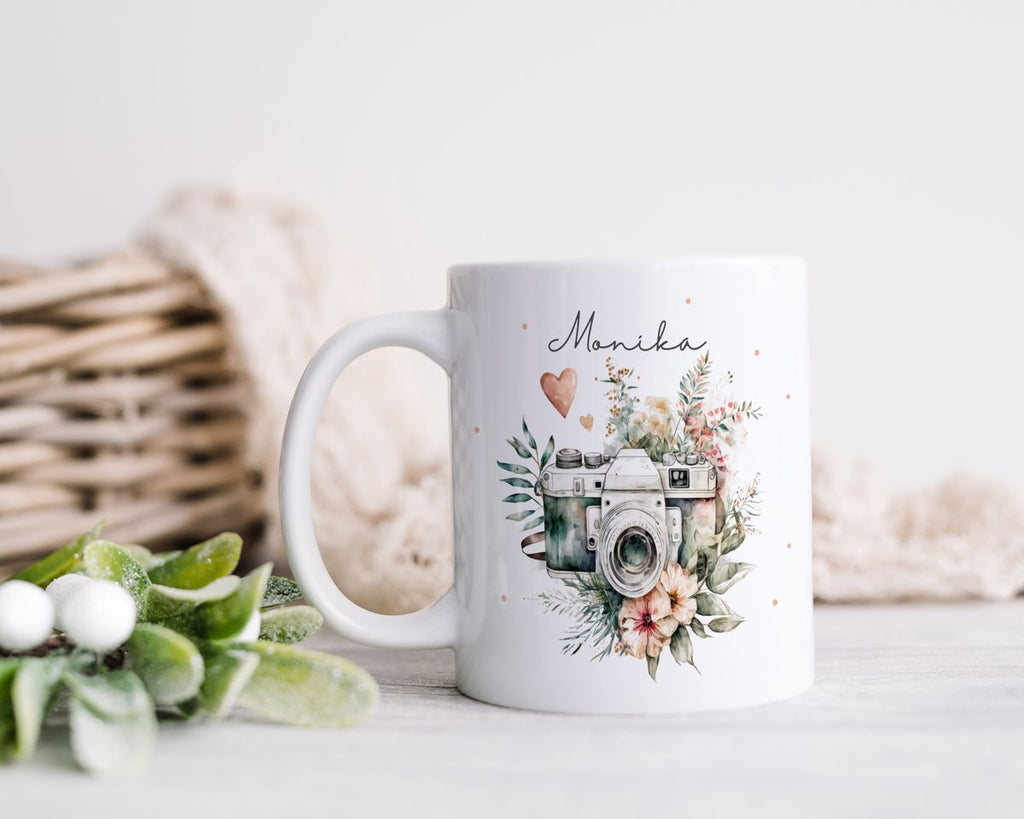 Keramik Tasse Kamera mit Blumen mit Wunschname - von Mikalino