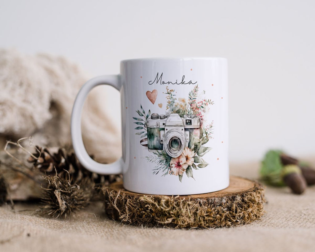 Keramik Tasse Kamera mit Blumen mit Wunschname - von Mikalino