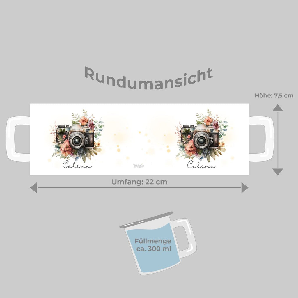 Emaille Tasse Kamera mit Blumen mit Wunschname - von Mikalino