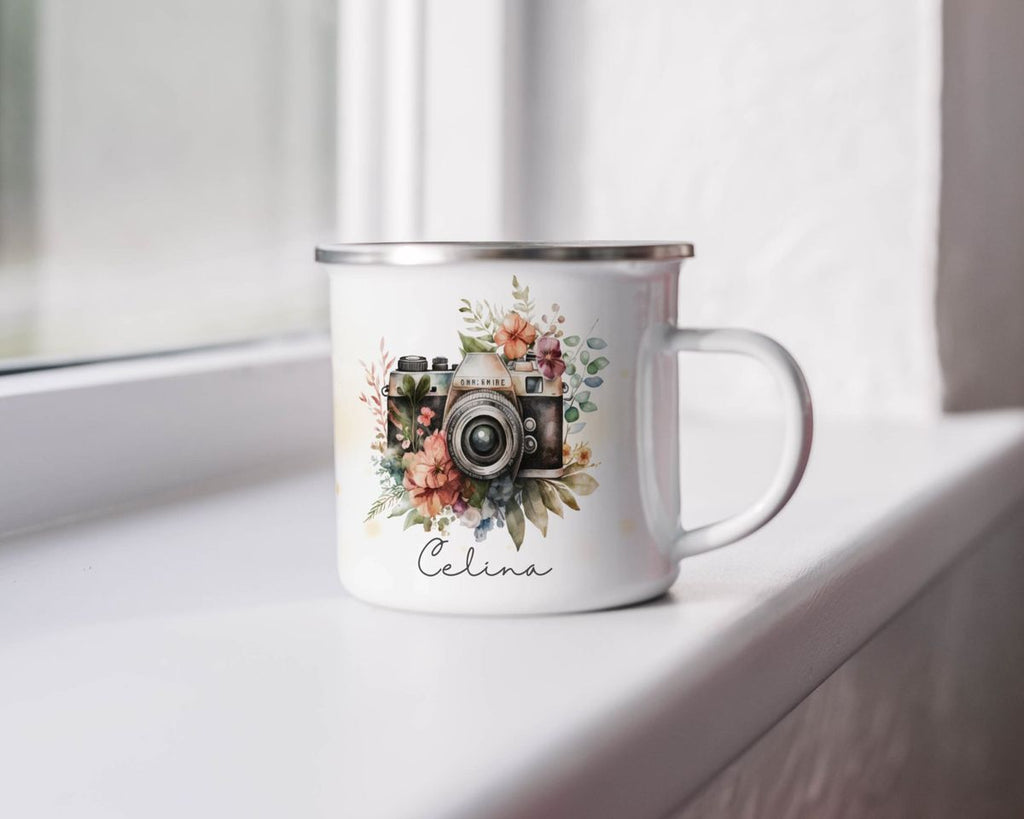 Emaille Tasse Kamera mit Blumen mit Wunschname - von Mikalino