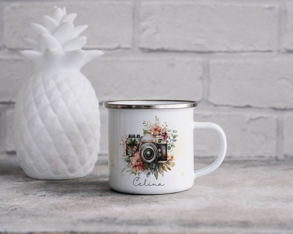 Emaille Tasse Kamera mit Blumen mit Wunschname - von Mikalino