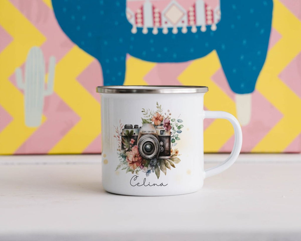 Emaille Tasse Kamera mit Blumen mit Wunschname - von Mikalino