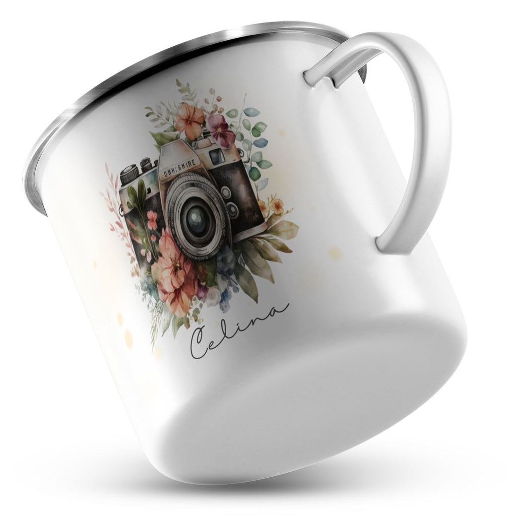 Emaille Tasse Kamera mit Blumen mit Wunschname - von Mikalino