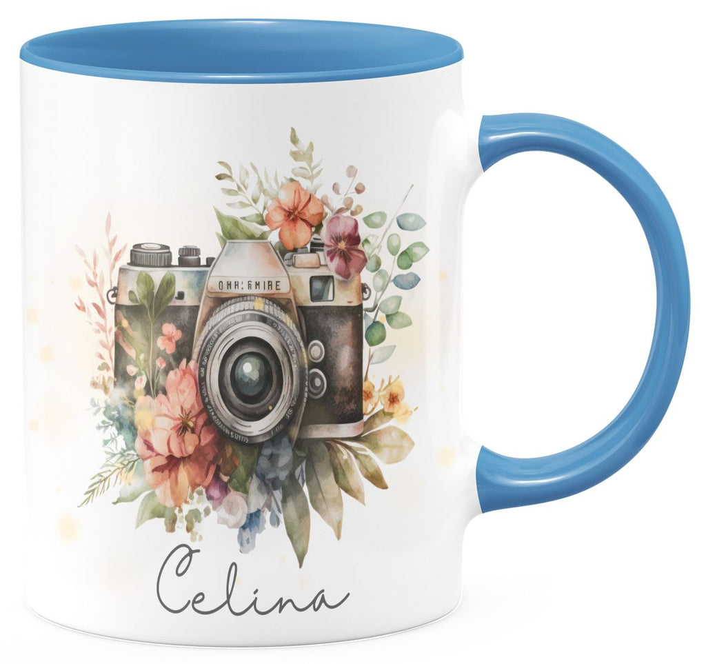 Keramik Tasse Kamera mit Blumen mit Wunschname - von Mikalino