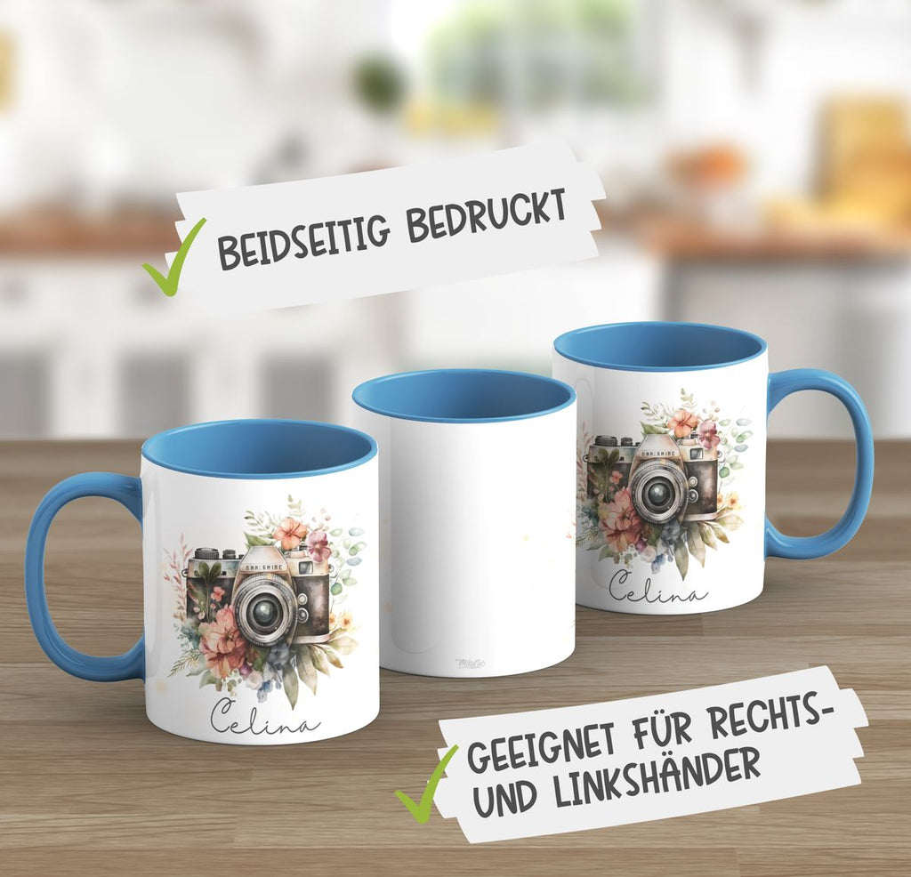 Keramik Tasse Kamera mit Blumen mit Wunschname - von Mikalino