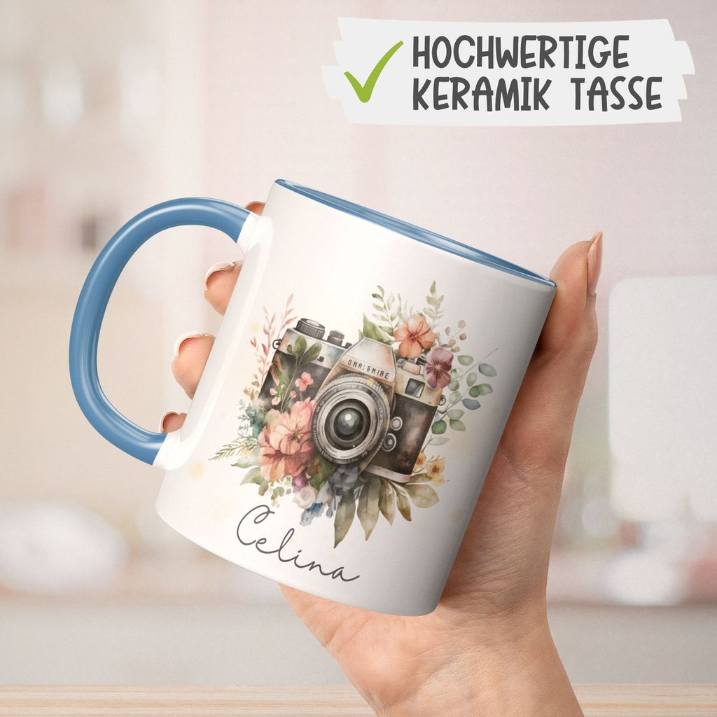 Keramik Tasse Kamera mit Blumen mit Wunschname - von Mikalino