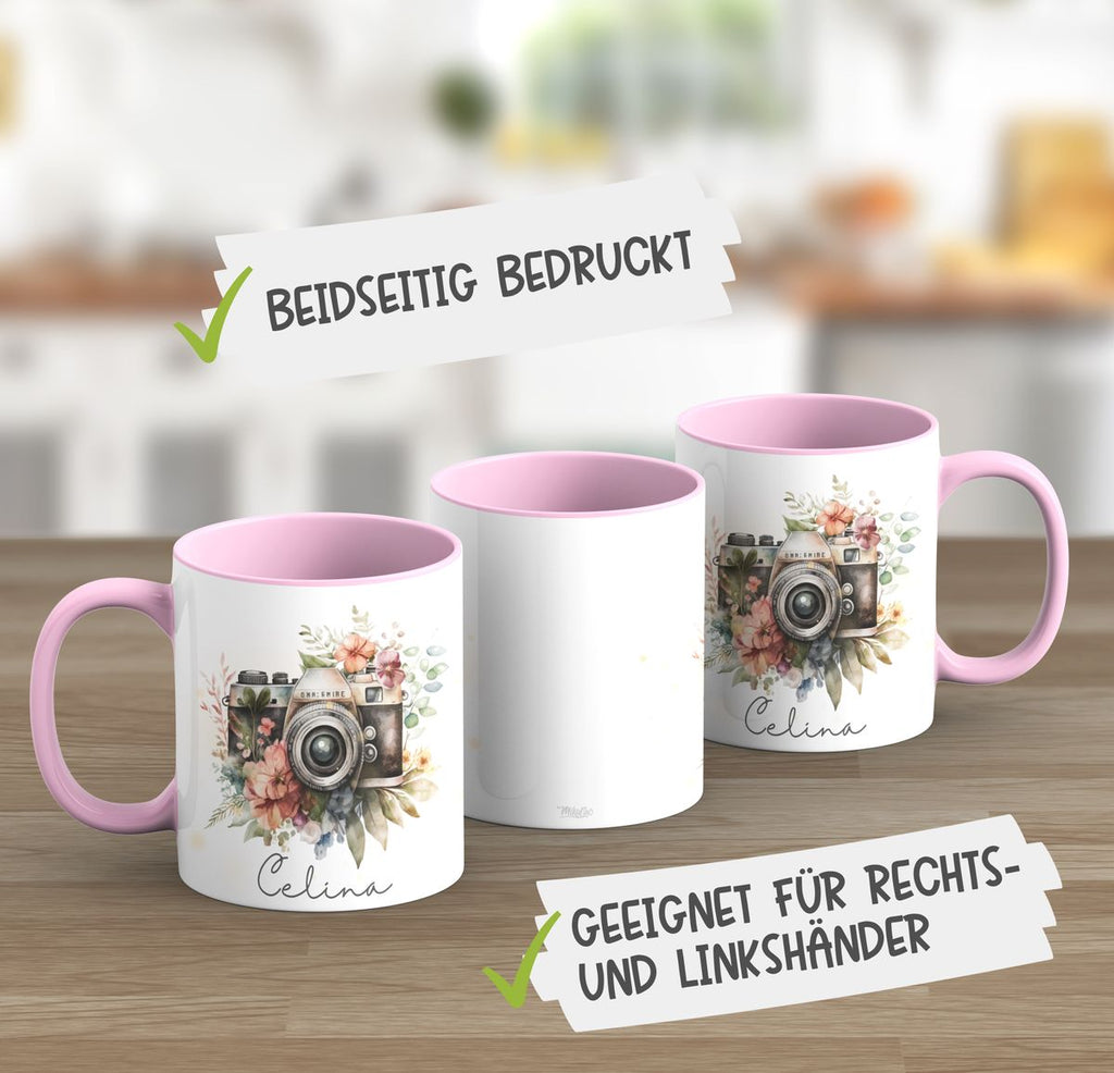 Keramik Tasse Kamera mit Blumen mit Wunschname - von Mikalino