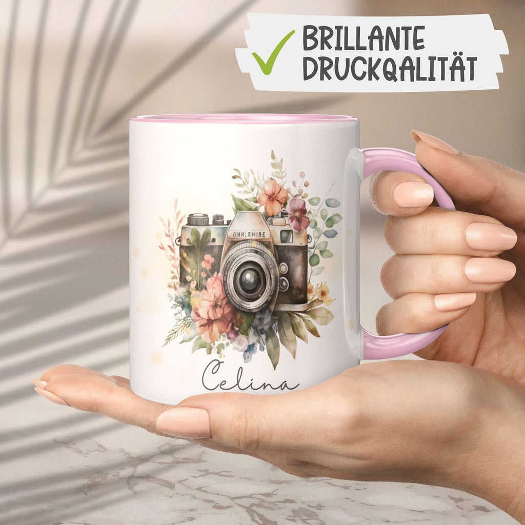 Keramik Tasse Kamera mit Blumen mit Wunschname - von Mikalino