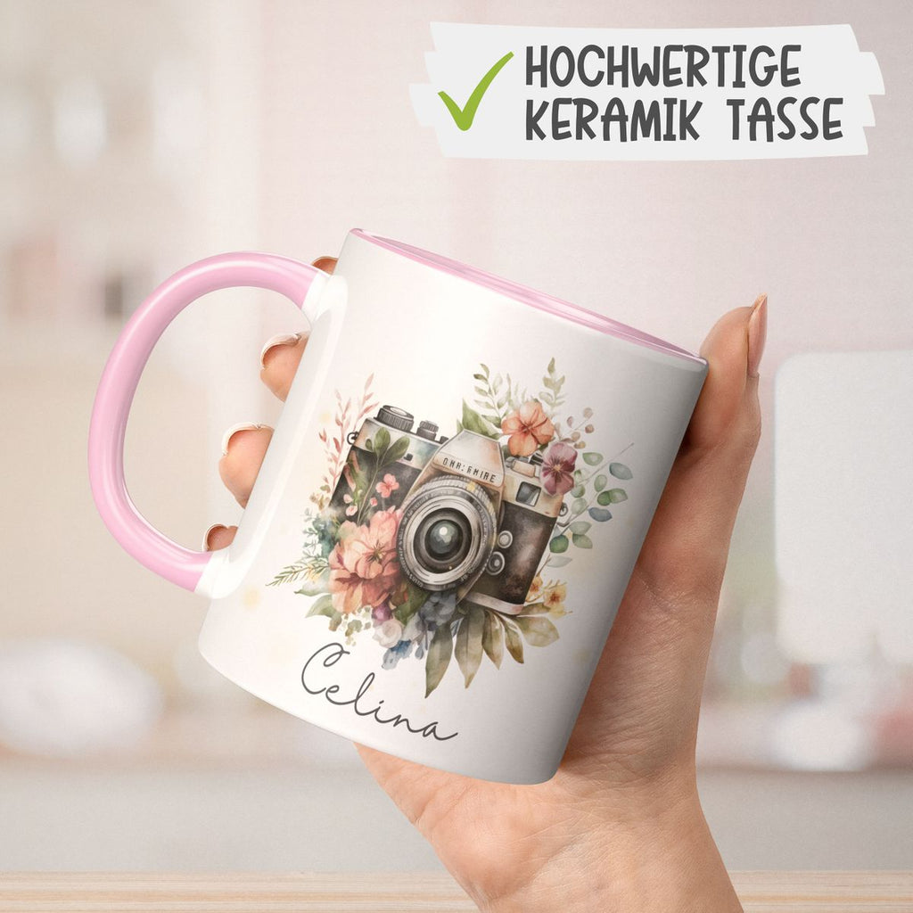 Keramik Tasse Kamera mit Blumen mit Wunschname - von Mikalino