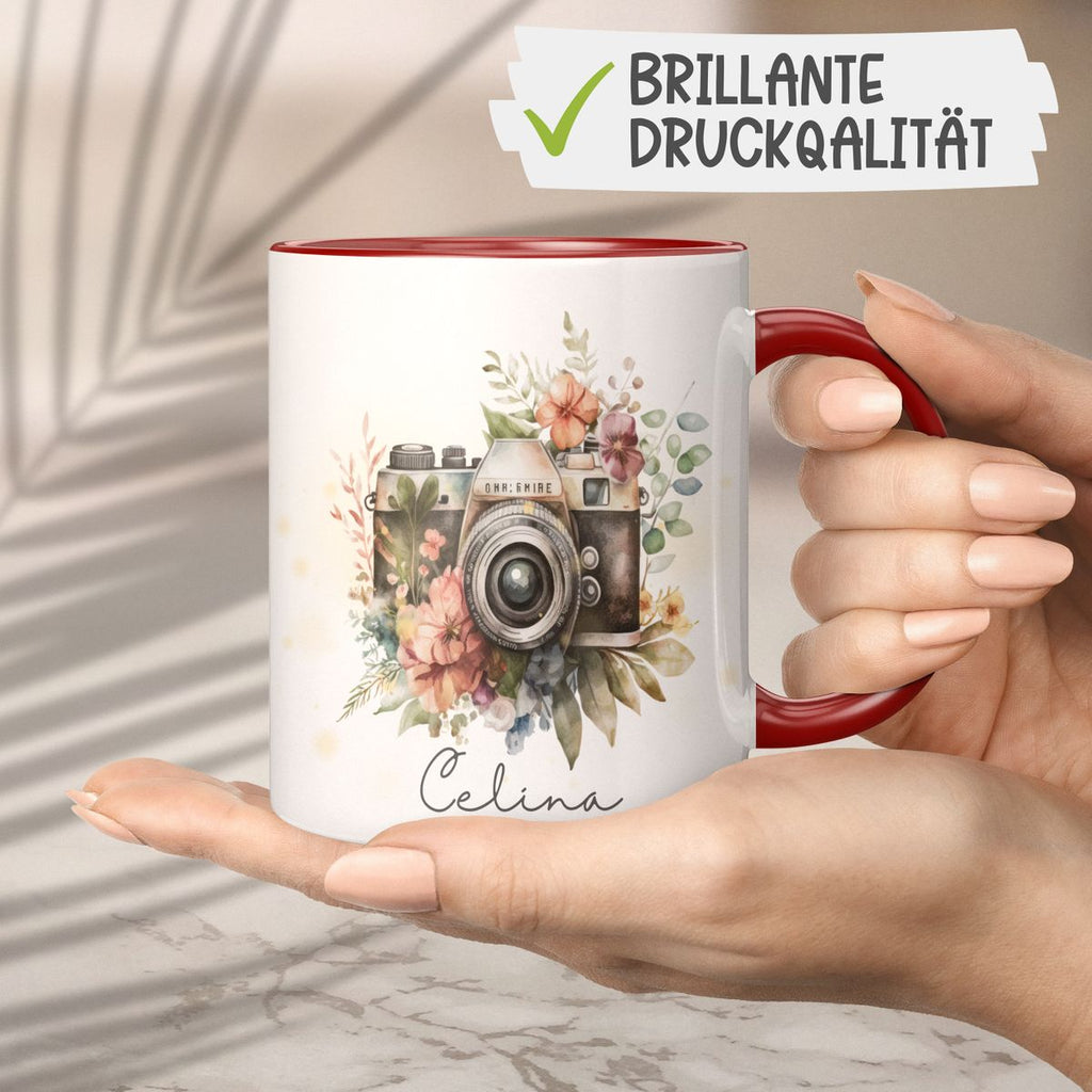 Keramik Tasse Kamera mit Blumen mit Wunschname - von Mikalino