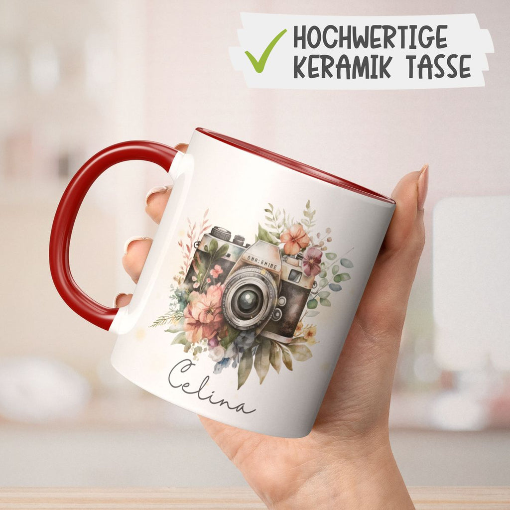 Keramik Tasse Kamera mit Blumen mit Wunschname - von Mikalino