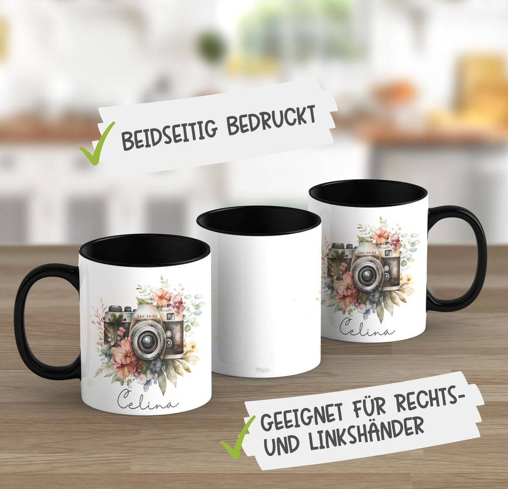 Keramik Tasse Kamera mit Blumen mit Wunschname - von Mikalino