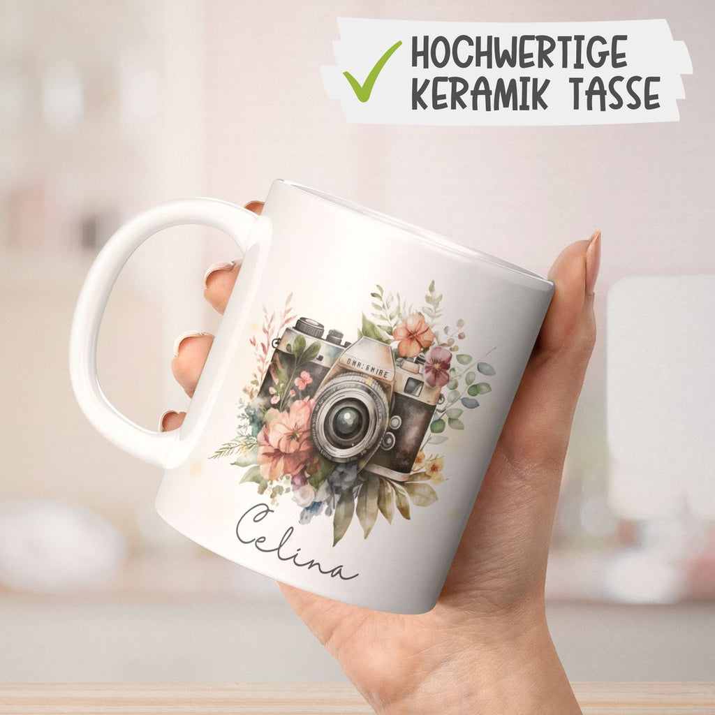 Keramik Tasse Kamera mit Blumen mit Wunschname - von Mikalino