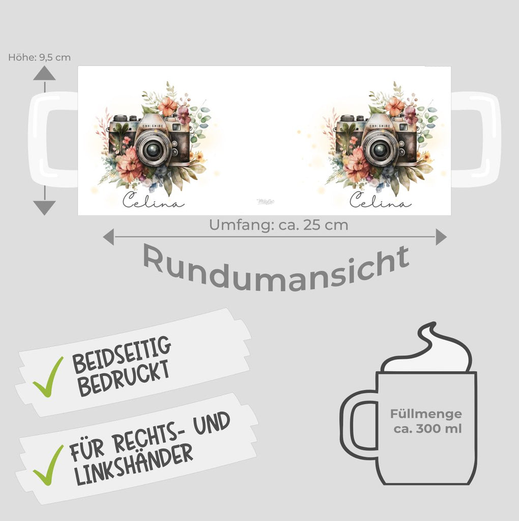 Keramik Tasse Kamera mit Blumen mit Wunschname - von Mikalino