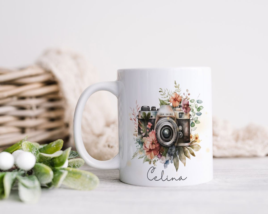 Keramik Tasse Kamera mit Blumen mit Wunschname - von Mikalino