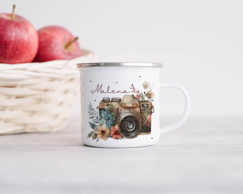 Emaille Tasse Kamera mit Blumen mit Wunschname - von Mikalino