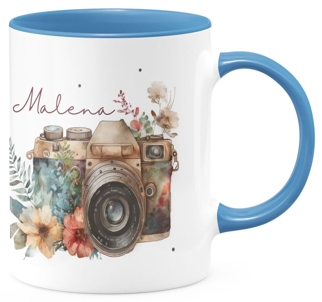 Keramik Tasse Kamera mit Blumen mit Wunschname - von Mikalino