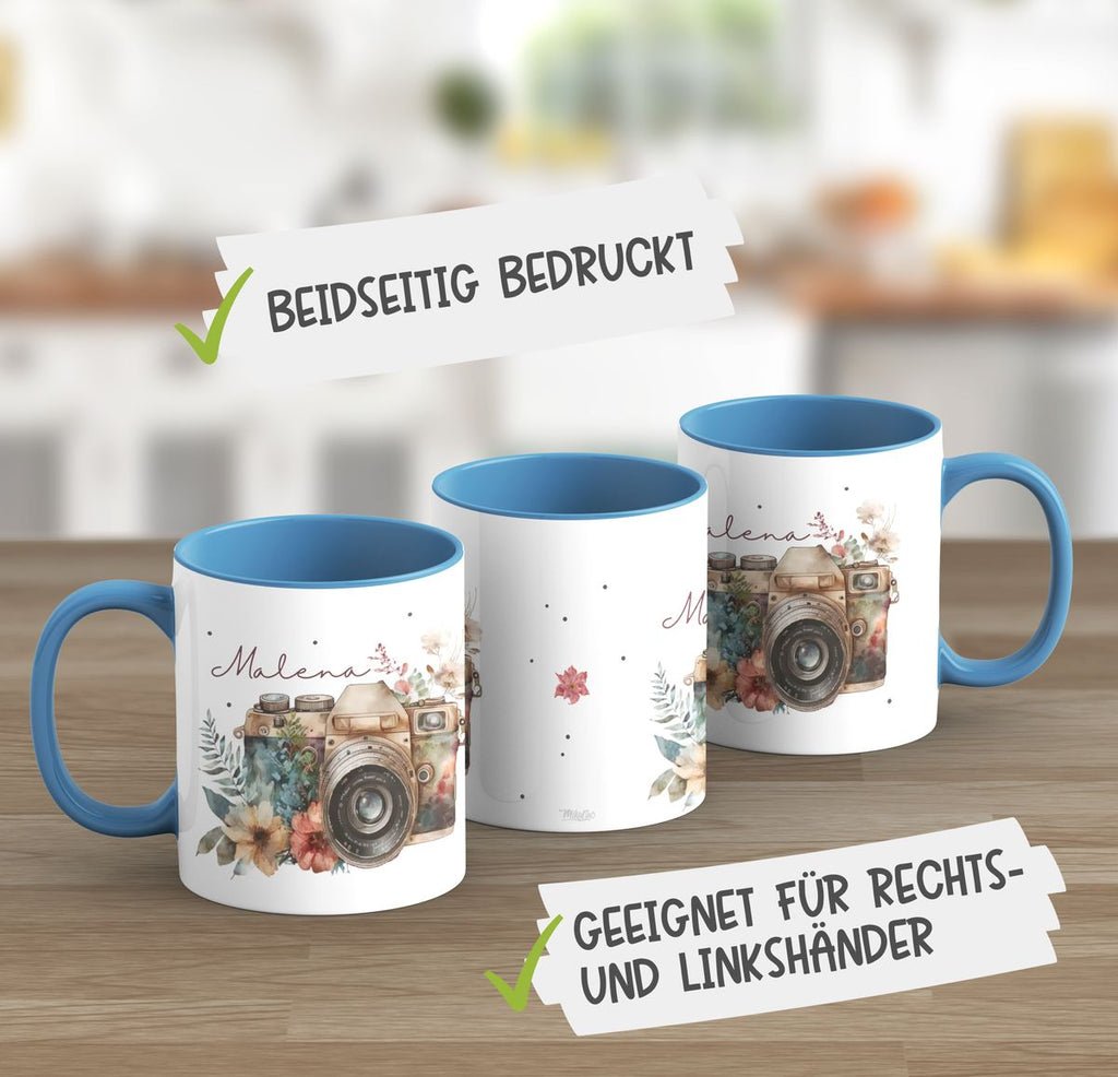 Keramik Tasse Kamera mit Blumen mit Wunschname - von Mikalino