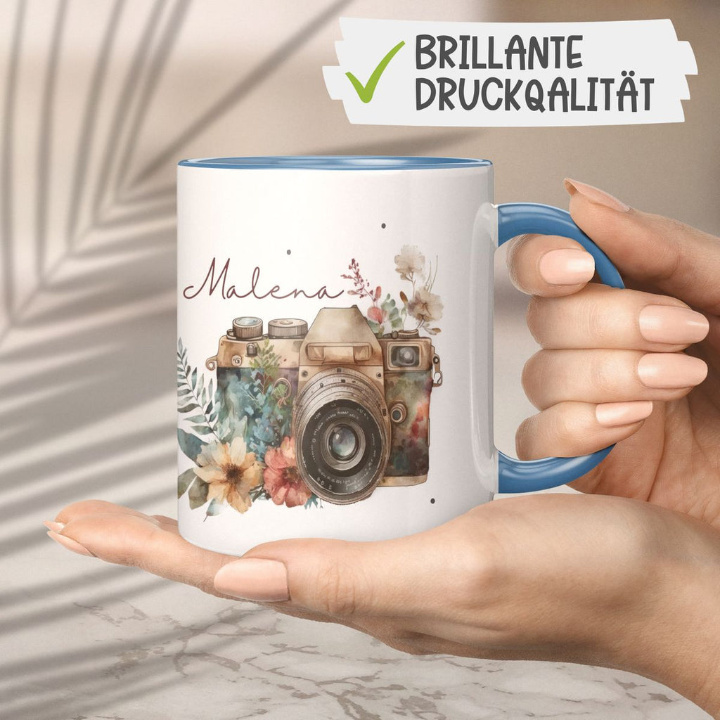 Keramik Tasse Kamera mit Blumen mit Wunschname - von Mikalino