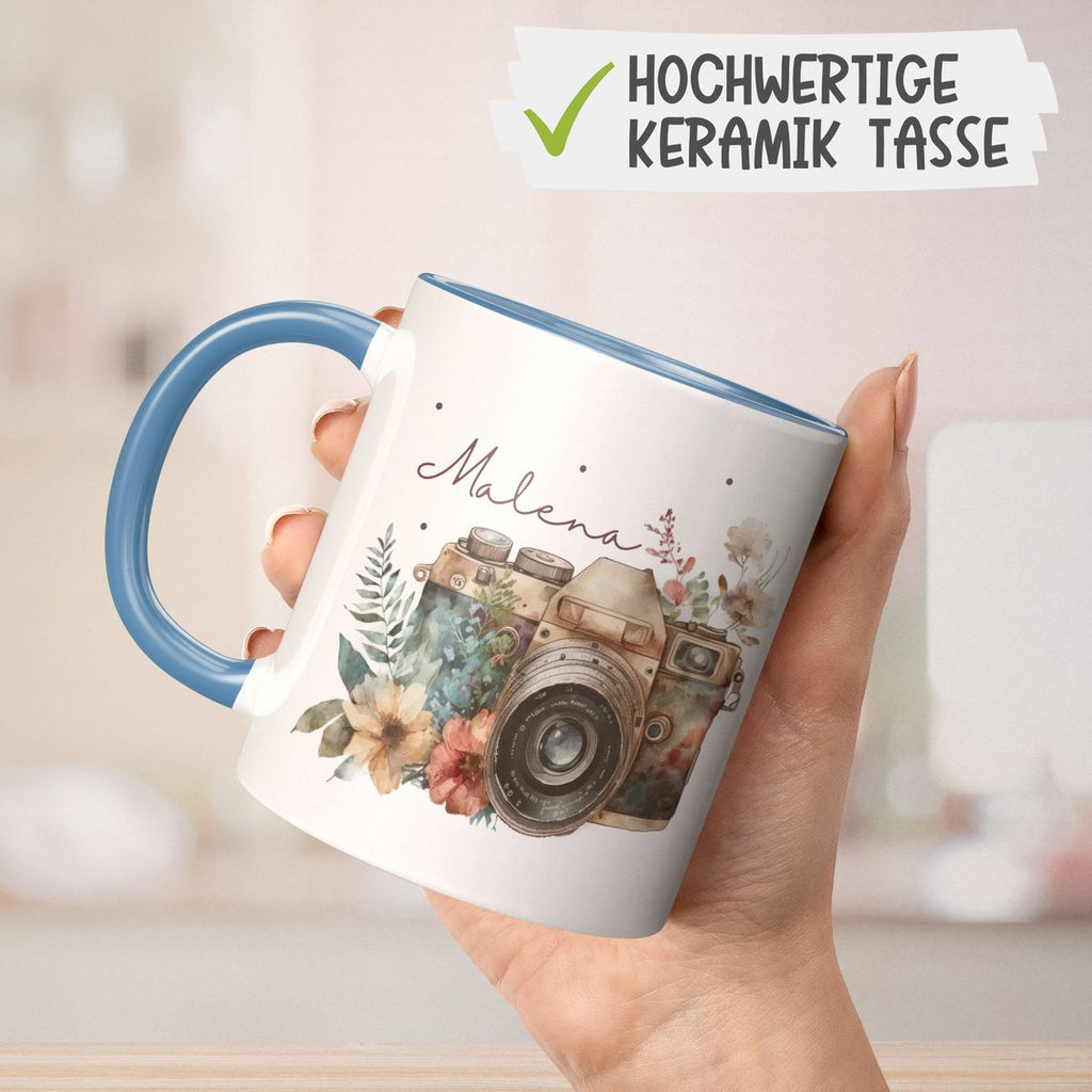 Keramik Tasse Kamera mit Blumen mit Wunschname - von Mikalino