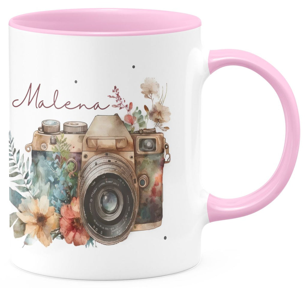 Keramik Tasse Kamera mit Blumen mit Wunschname - von Mikalino