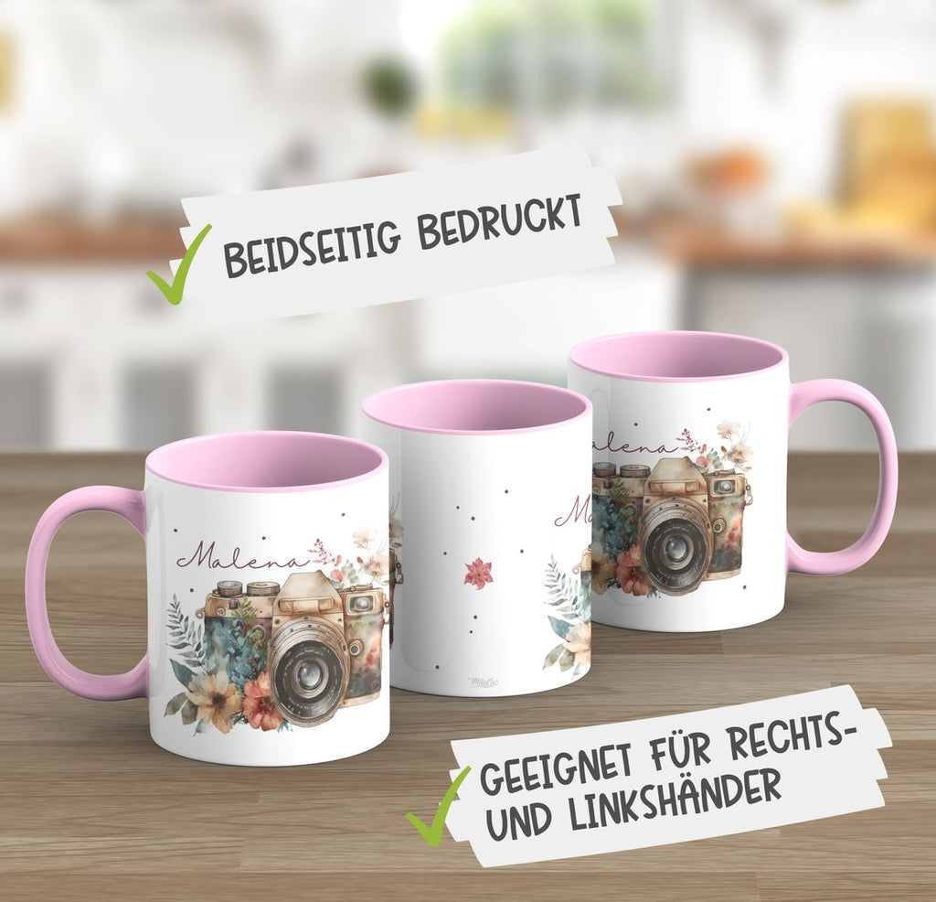 Keramik Tasse Kamera mit Blumen mit Wunschname - von Mikalino