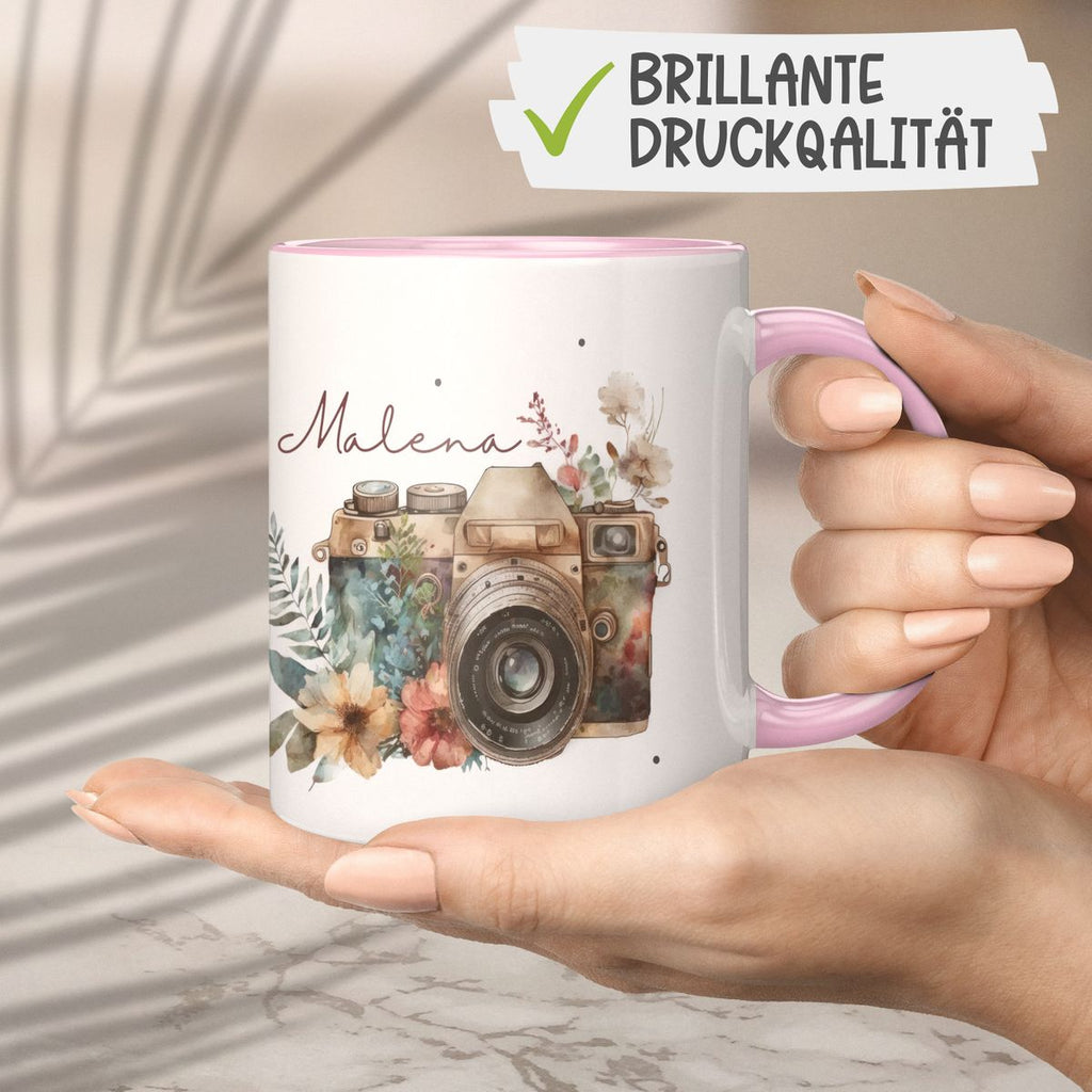 Keramik Tasse Kamera mit Blumen mit Wunschname - von Mikalino