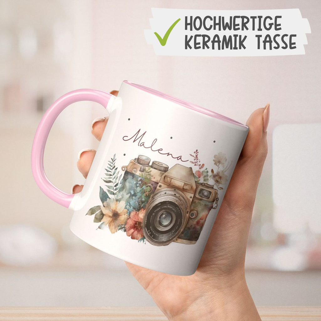 Keramik Tasse Kamera mit Blumen mit Wunschname - von Mikalino