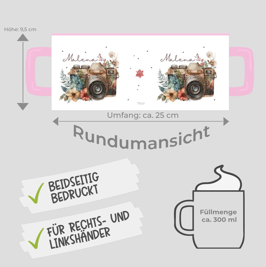 Keramik Tasse Kamera mit Blumen mit Wunschname - von Mikalino